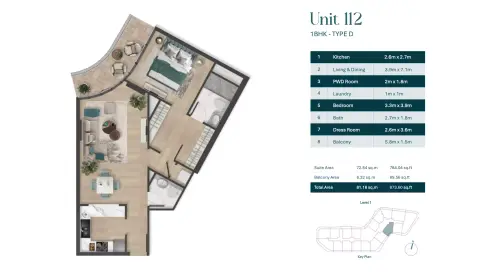 Pelagia: Floor plan Type D | Unit 112, 874 sq ft