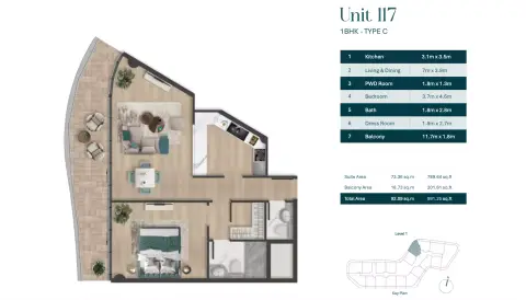 Pelagia: Floor plan Type C | Unit 117, 991 sq ft