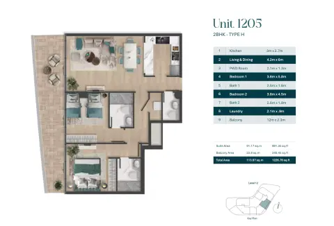 Pelagia: Floor plan Type H | Unit 1205, 1,227 sq ft