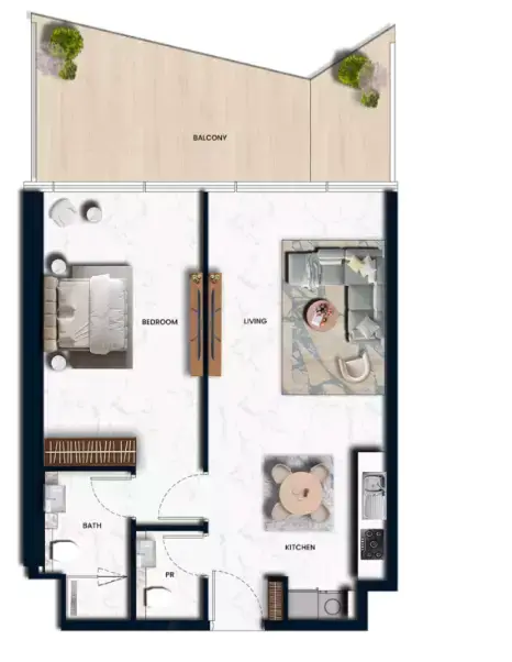 سورا بيتش ريزيدنسز: مخطط الطابق Type A, 879 sq ft