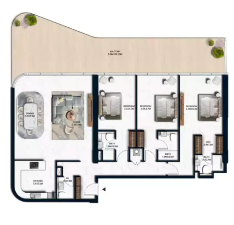 سورا بيتش ريزيدنسز: مخطط الطابق Type A, 2,042 sq ft