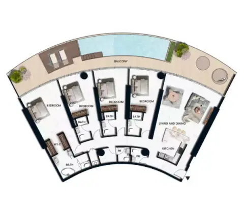 سورا بيتش ريزيدنسز: مخطط الطابق Type A, 3,115 sq ft