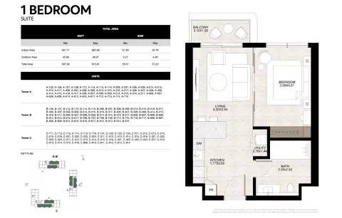 Lunara The Strand: Планировка Type 1-Tower A:C, 597 sq ft