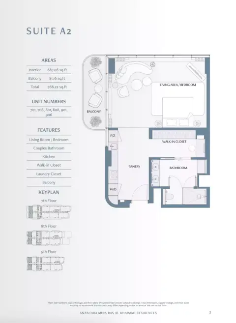 Anantara Mina: Type A2, 768 sq ft 户型图