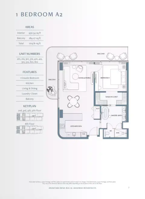 Anantara Mina: Type A2, 1,214 sq ft 户型图