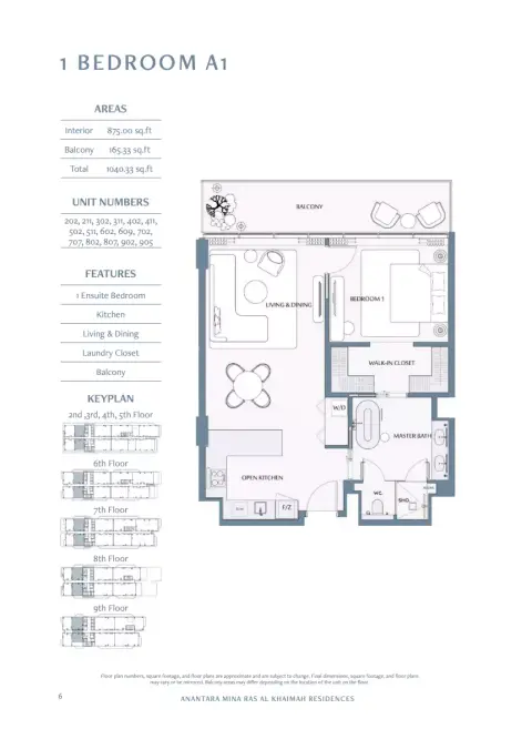 Anantara Mina: Type A1, 1,040 sq ft 户型图