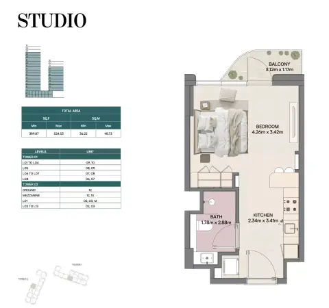 ميراسول المرحلة 2 من راك العقارية: مخطط الطابق Type A, 389 sq ft