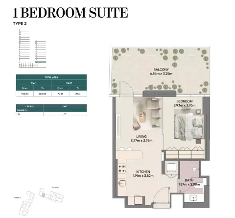ميراسول المرحلة 2 من راك العقارية: مخطط الطابق Type 2, 760 sq ft