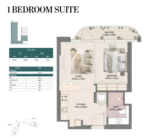 ميراسول المرحلة 2 من راك العقارية: مخطط الطابق Type 1, 596 sq ft