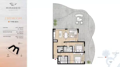 Miraggio: Планировка Type 02A, 1,019 sq ft
