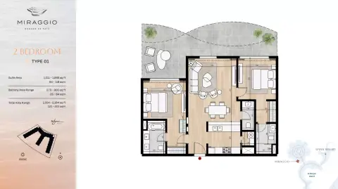 Miraggio: Планировка Type 01, 1,304 sq ft