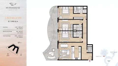 Miraggio: Планировка Type 01A, 1,880 sq ft