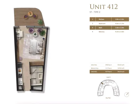 Taj Wellington Mews: Plattegrond Type 2, 546 sq ft