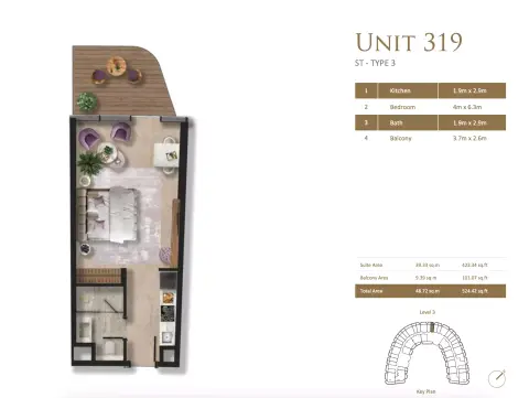 Taj Wellington Mews: Plattegrond Type 3, 524 sq ft