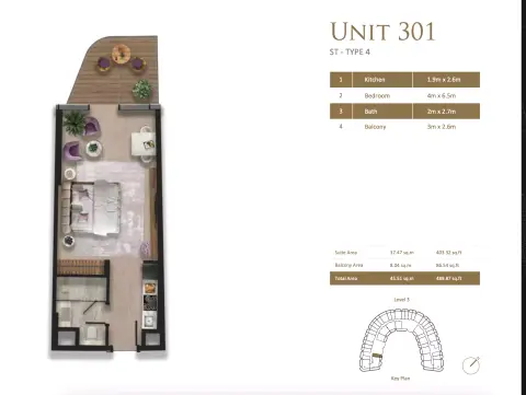 Taj Wellington Mews: Plattegrond Type 4, 489 sq ft