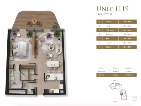 Taj Wellington Mews: Plattegrond Type 11, 1,005 sq ft