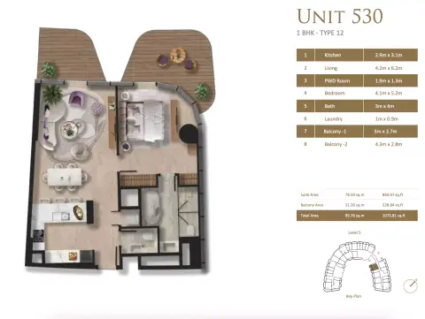 Taj Wellington Mews: Plattegrond Type 12, 1,073 sq ft