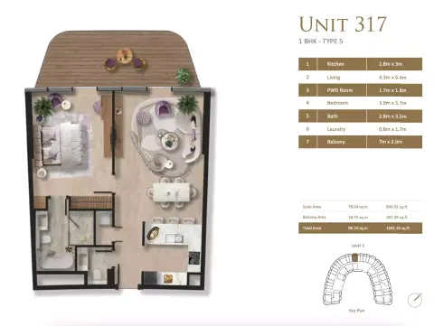 Taj Wellington Mews: Plattegrond Type 5, 1,041 sq ft