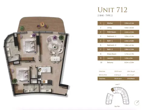 Taj Wellington Mews: Plattegrond Type 2, 1,532 sq ft