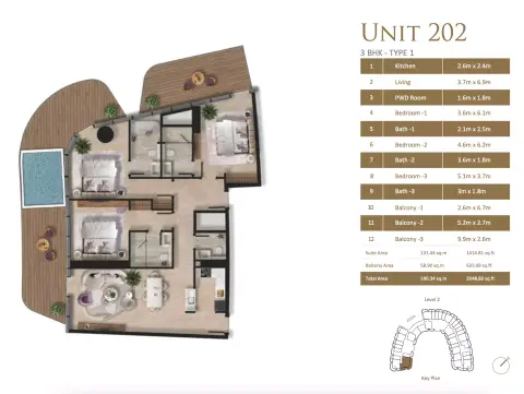 Taj Wellington Mews: Plattegrond Type 1, 2,048 sq ft