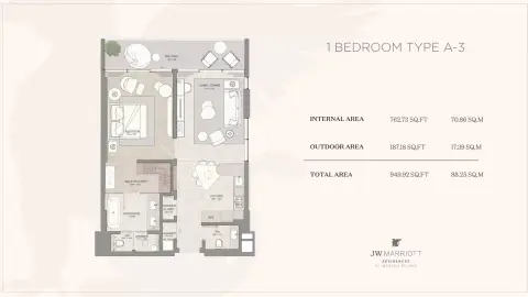 JW Marriott Residences: Floor plan Type A-3 | 1 BR, 950 sq ft