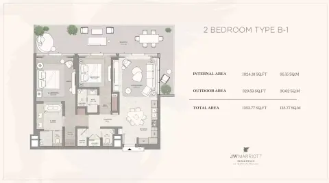 JW Marriott Residences: Floor plan Type B-1 | 2 BR, 1,354 sq ft