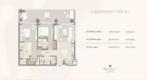 JW Marriott Residences: Floor plan Type A-1 | 2 BR, 1,346 sq ft
