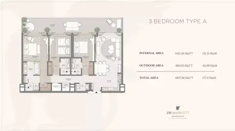 JW Marriott Residences: Floor plan Type A | 3 BR, 1,907 sq ft