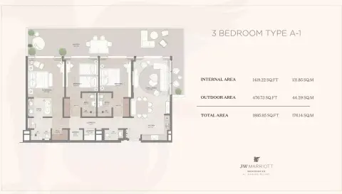 JW Marriott Residences: Floor plan Type A-1 | 3 BR, 1,896 sq ft