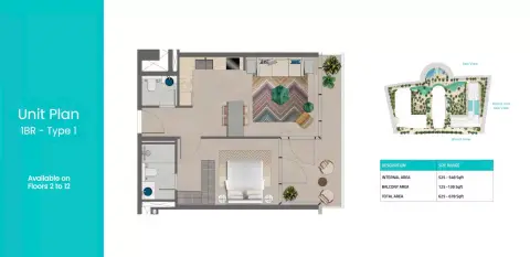 Trio Isle C: Floor plan Type 1, 625 sq ft