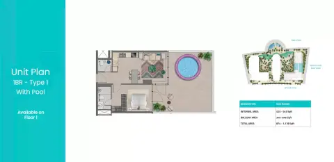 Trio Isle C: Floor plan Type 1 With Pool, 874 sq ft