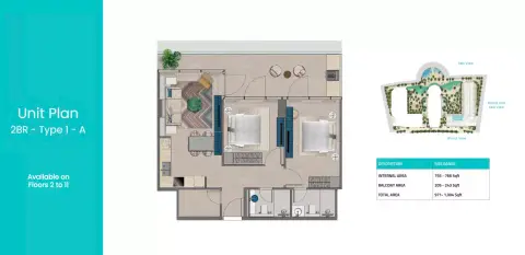 Trio Isle C: Floor plan Type 1-A, 971 sq ft