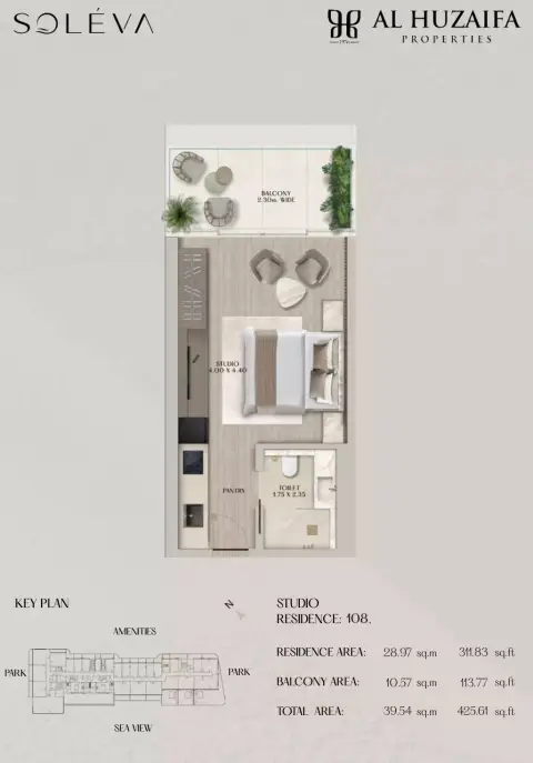 Soléva Beach Residences: Floor plan Type 1, 425 sq ft
