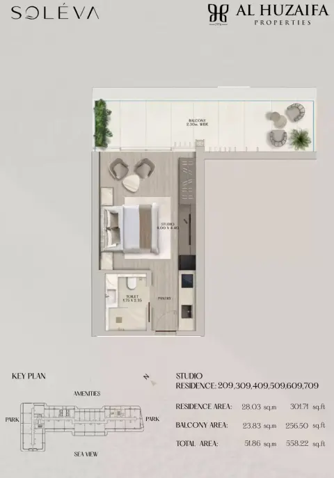 Soléva Beach Residences: Floor plan Type 3, 558 sq ft
