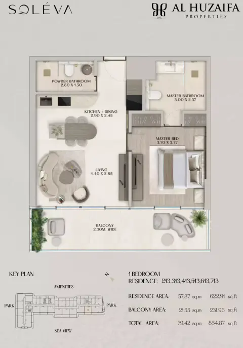 Soléva Beach Residences: Floor plan Type 4, 855 sq ft