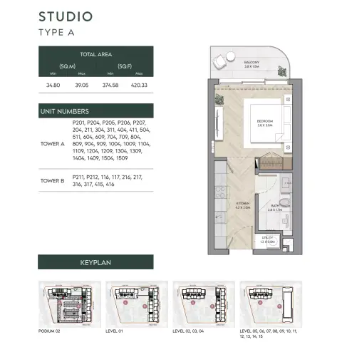 Nura: Floor plan Type A-Tower A:B, 374 sq ft