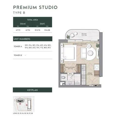 Nura: Floor plan Type B-Tower A, 513 sq ft