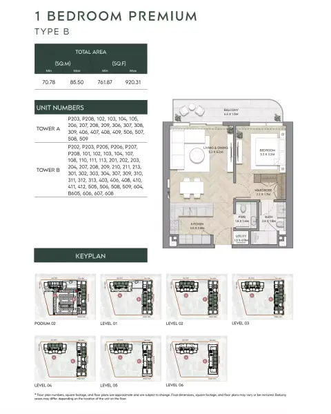 Nura: Floor plan Type B-Tower A:B, 761 sq ft
