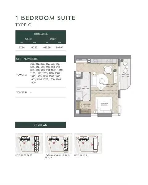 Nura: Floor plan Type C-Tower A, 622 sq ft
