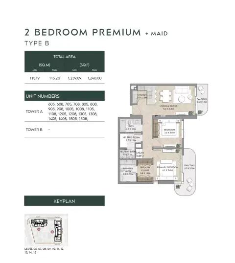 Nura: Floor plan Type B+Maid-Tower A, 1,239 sq ft