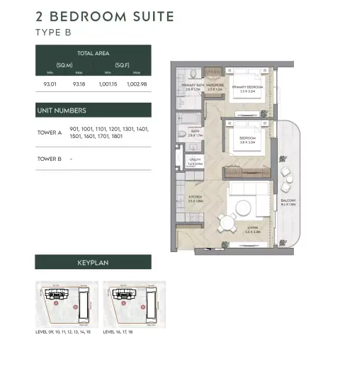 Nura: Floor plan Type B-Tower A, 1,001 sq ft