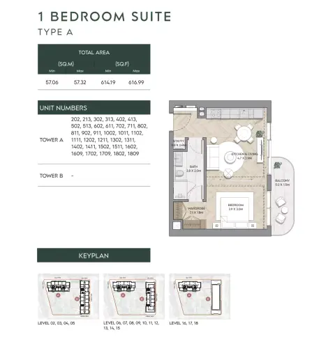 Nura: Floor plan Type A-Tower A, 614 sq ft
