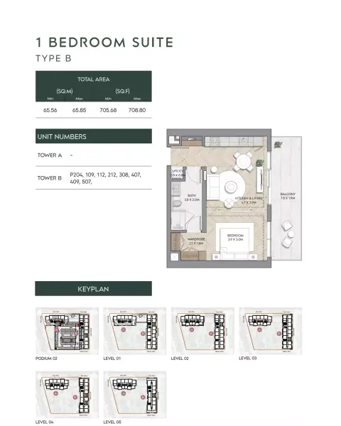 Nura: Floor plan Type B-Tower B, 705 sq ft