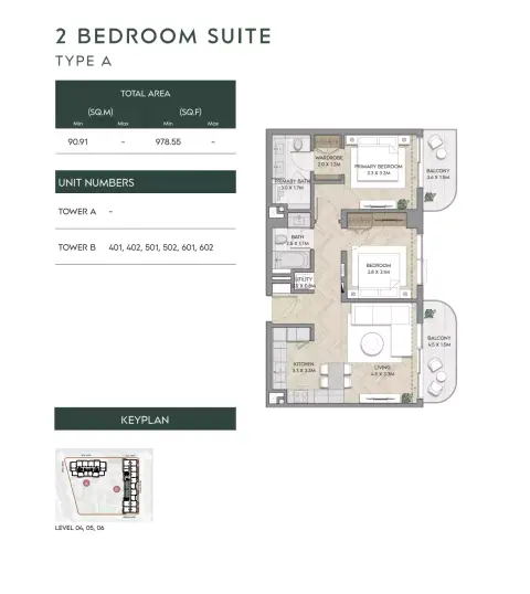 Nura: Floor plan Type A-Tower B, 978 sq ft