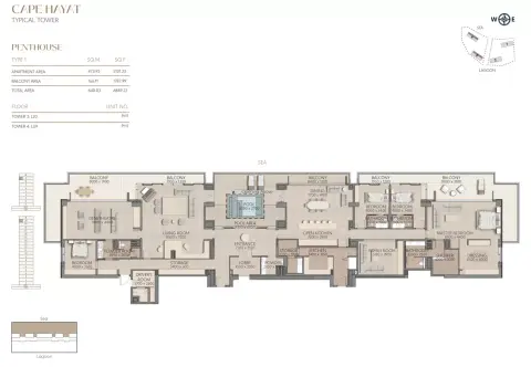 كيب حياة من راك: مخطط الطابق Type 1B, 6,889 sq ft