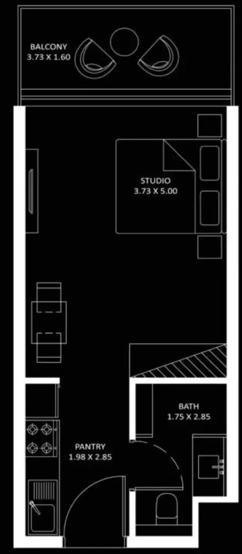 بايز 101: مخطط الطابق Type A, 374 sq ft