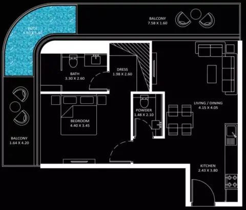 بايز 101: مخطط الطابق Type B, 941 sq ft