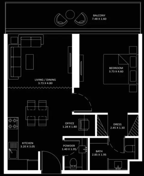 بايز 101: مخطط الطابق Type A, 754 sq ft