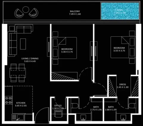 بايز 101: مخطط الطابق Type B, 964 sq ft