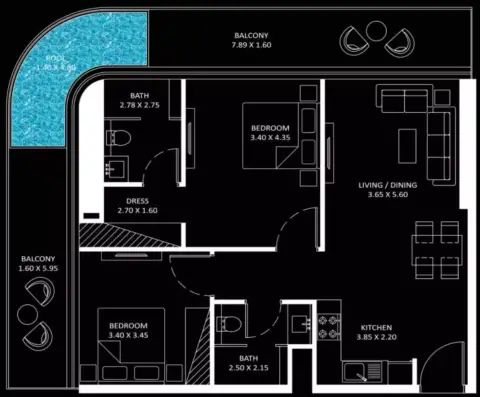 بايز 101: مخطط الطابق Type A, 1,127 sq ft